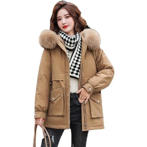 Women Winter Hooded Faux Fur Collar Windproof Big Pocket Midi Warm Coat Puffer Jacket Cotton Padded Parkas Outwear Overcoat