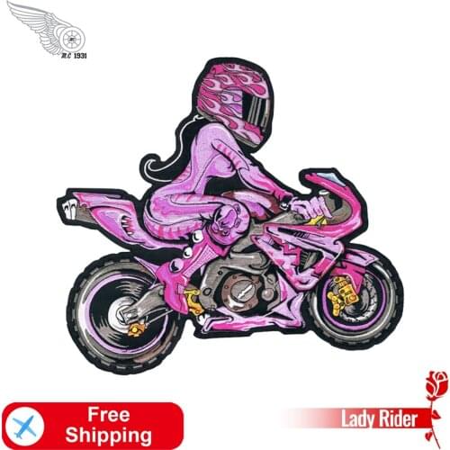 Pink Biker with Pink Girl Rider Embroidered Iron On Back of Jacket Patch Black twill fabric Free Shipping Custom DIY