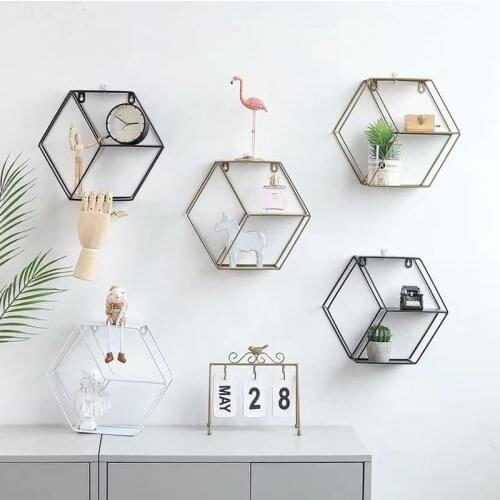 Modern simple iron art hexagonal wall shelf living room bedroom wall decoration, storage and finishing shelf