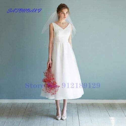New Simple Satin Wedding Dress Tea Length Sleeveless V Neck Bridal Gown 2021 Vestidos De Novia Robe Mariée Aliexpress France