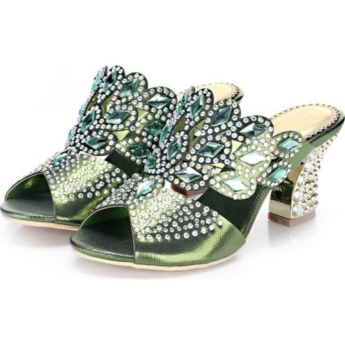 8 cm High Heel Peep Toe Slippers Women Thick High Heel Slippers Rhinestone Slippers Diamonds High Heel Slippers