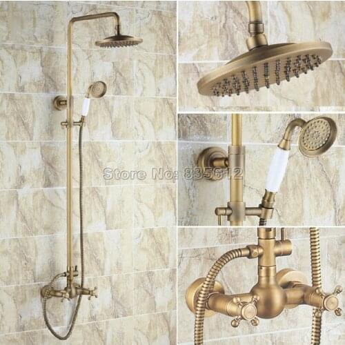 Bathroom Wall Mounted Rain Shower Faucet Set with Hand Spray + 8 inch Shower Head & Antique Brass Dual Handles Mixer Taps Wrs108