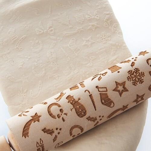 Baking Cookies Cake Dough Roller Christmas Wooden Rolling Pin Engraved Pattern NEW