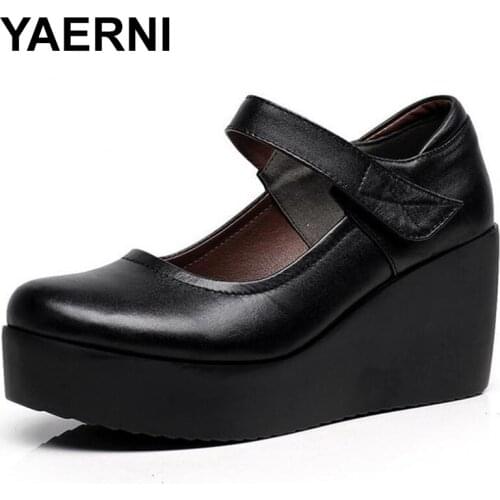 YAERNI 2018 Autumn Womens Wedges High Heel Genuine Leather Shoes Soft Platform Women Shoes E539