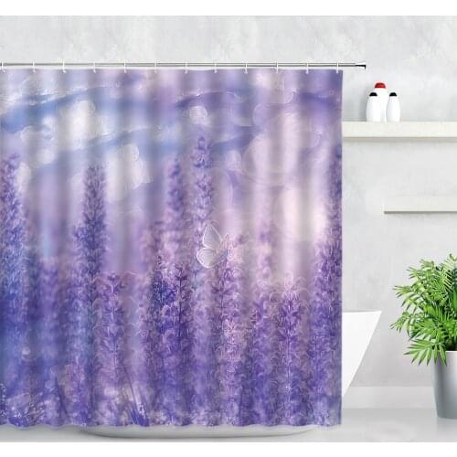 Purple Lavender Backdrop Printed Waterproof Shower Curtains Butterfly Flower Plant Rural Scenery Bathroom Decor Bath Curtain Set