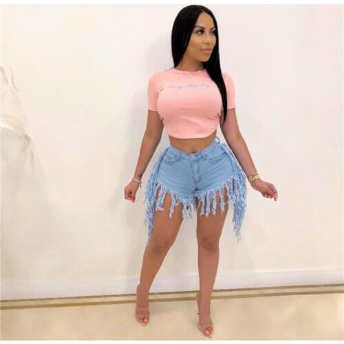 Women Summer Clothing Solid-Color High-Waist Ripped Denim Shorts with Long Tassels Trimming for Girls Slim Fit Denim Jeans