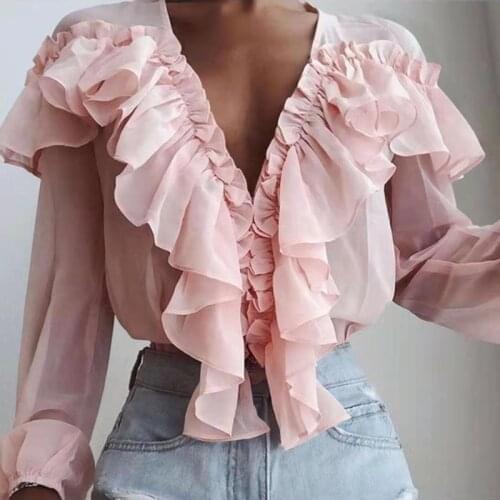 Summer Women Chiffon Solid Color V-neck Ruffle Neck Trim Blouse Ladies Casual Long Sleeve Top Shirt Loose Female Blusas