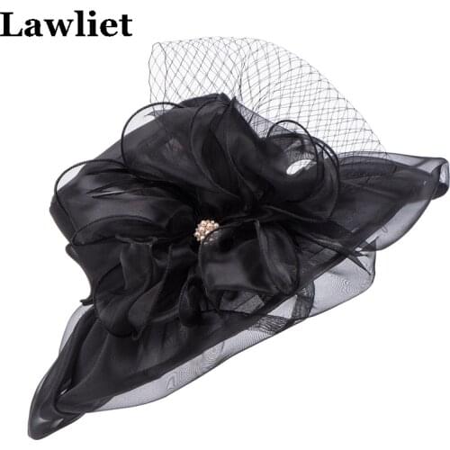 Women Sun Hat Flower Foldable Organza Brim Wide Brim Hat Summer Hat Fashion Feather Rhinestone Derby Party Dress Hats A342