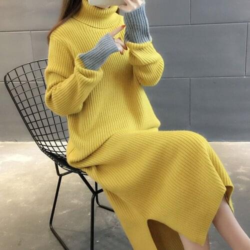 Sweater Womens Fall / Winter 2020 New Loose Medium Length High Neck Over Knee Solid Color Long Sleeve Student Knitted Sweater