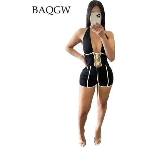 Womens Deep V-neck Bandages Casual Fashion Halter Tops Sexy Backless Rompers Summer Beachwear Lace Up Jumpsuit Overalls S-2XL