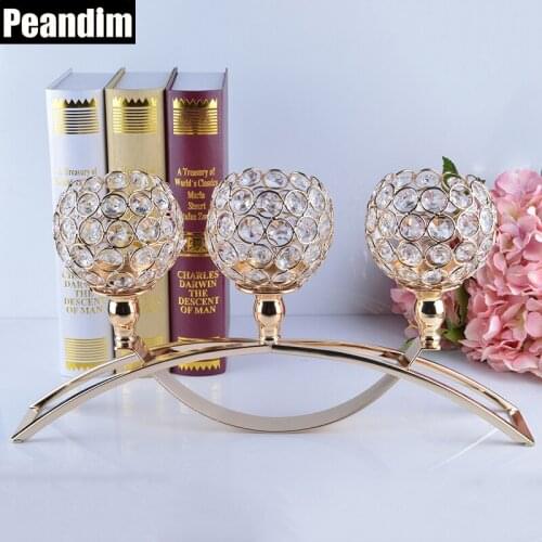 PEANDIM Gold Votive Crystal Candle Holder Arch Bridge Shape 3 Arms Candelabra for Wedding Decoration Dining Table Centerpieces