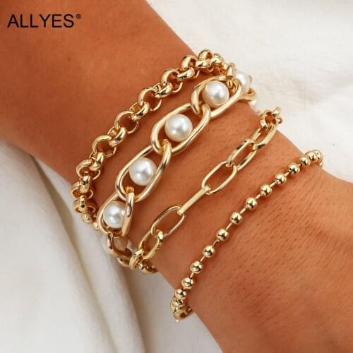 ALLYES 4 Pcs/Set Simple Gold Color Metal Pearl Chain Bracelets for Women Fashion Thick Charm Lock Bracelets Female Jewelry