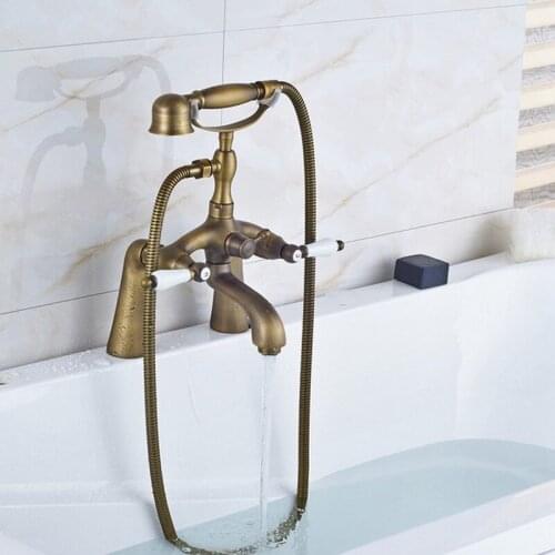 Retro Antique Brass Double Ceramic Handles Deck Mounted Bathroom Clawfoot Bathtub Tub Faucet Mixer Tap w/Hand Shower aan019