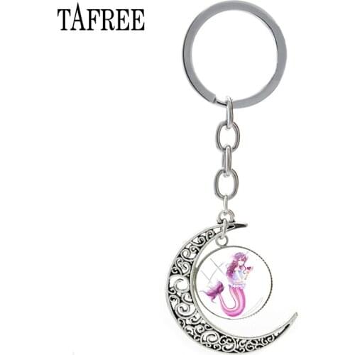TAFREE Mermaid Elves Moon Pendant Keychain Cute Fairy Jewelry Hot Sale Men Women Pendant Keyring Key Chain For Keys