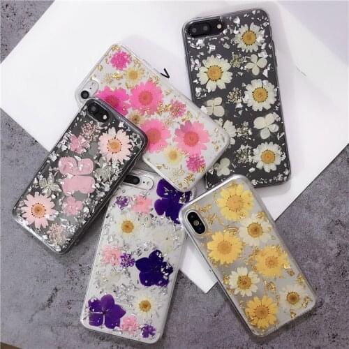 Tfshining Bling Real Flower Dried Flower Phone Case For iPhone 11 Pro Max XR XS Max 6 S 7 8 plus SE 2020 Gold Foil Glitter Cover