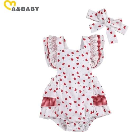 Ma&Baby 0-18M Valentines Day Baby Girl Red Romper Outfits Toddler Newborn Girl Heart Print Jumpsuit Ruffles Overalls Headband