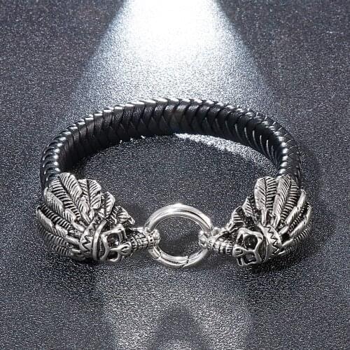 Jewels Store 12mm Leather Braided Bracelet Skull Patriarch Stainless Steel Symbol Bracelets For Man JS38190-D