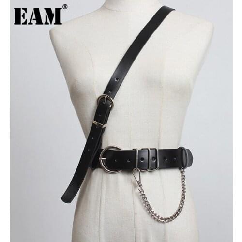 [EAM] Pu Leather Black Chain Split Long Wide Strap Belt Personality Women New Fashion Tide All-match Spring Autumn 2021 1DD0189