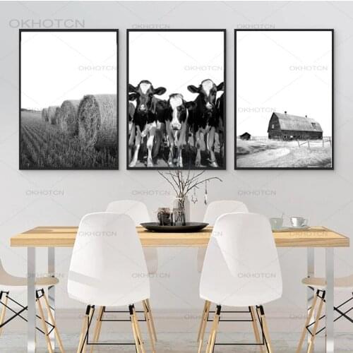 Farm Animals Cow Black White Photography Posters and Prints Barn Hay Bales Wall Art Canvas Painting Pictures Home Kitchen Decor