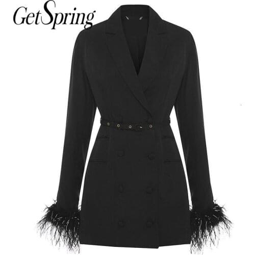 Getspring Women Dress Feathers Patchwork Bandage Asymmetrical Blazer Dresses Red Black White Vintage Sexy Autumn Dresses 2021
