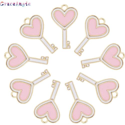 GraceAngie Fashion 10pcs Alloy Enamel Heart Key Charms Pink Bracelet Necklace Earrings Pendants Jewelry DIY Accessory 23*13mm