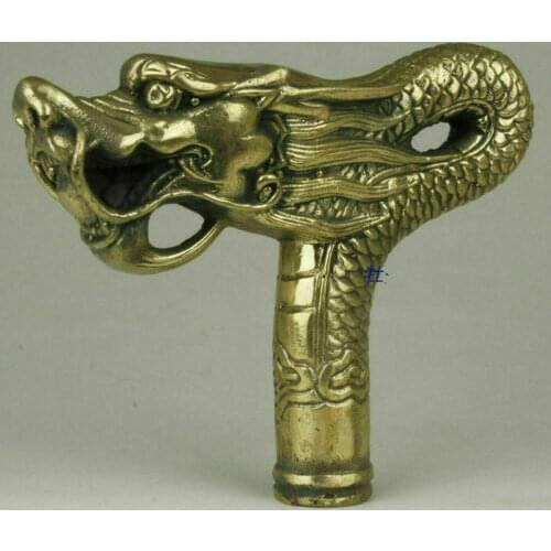 Chinese Brass Copper Hand carved Cane Walking Stick Head Handle Dragon Statue