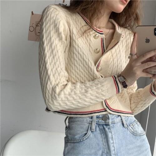 Retro short knitted cardigan Female simple casual sweater cardigan jacket Womens knitted Sweater slim long-sleeved Womens top