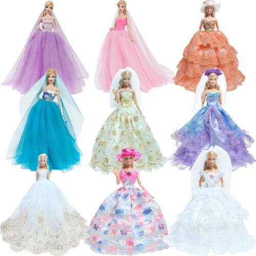 Fashion Mix Style Lace Ball Gown Wedding Party Dress Princess With Veil Bride Clothes for Barbie Doll Accessories Baby Girl Toys