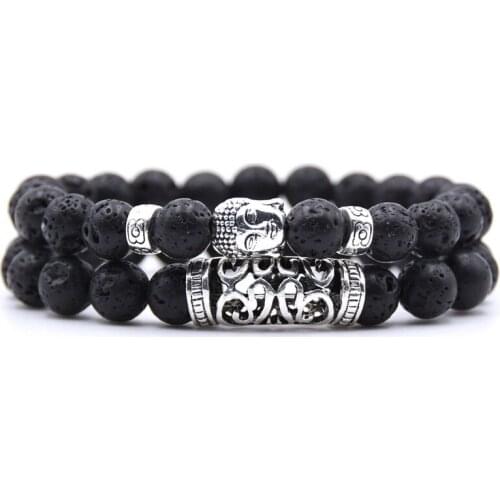Fashion Couple Bracelet 2 piece Sets Men Jewelry 8mm Natural Lava Stone Buddha Reiki Prayer Charm Yoga Bracelets Women Bileklik