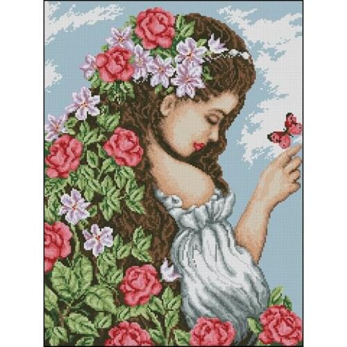 Top Quality Cute Lovely Counted Cross Stitch Kit Daughter of Spring flowers with the girl woman lady butterfly