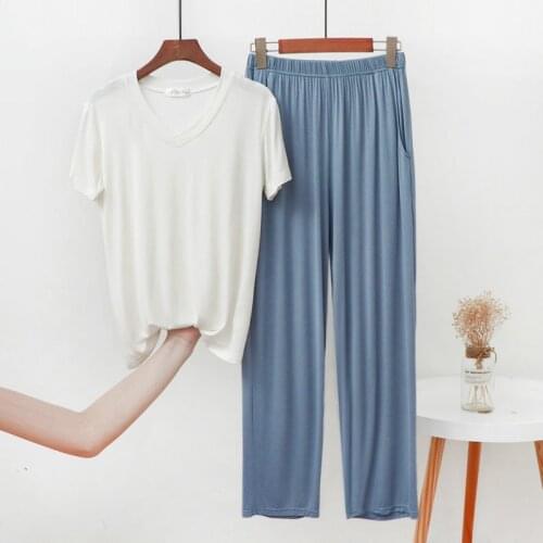 New Pijama Feminino Casual V Neck Modal Sleepwear Women Short Sleeve Top + Trousers Suit Large Size Female Pajamas Set L-2XL