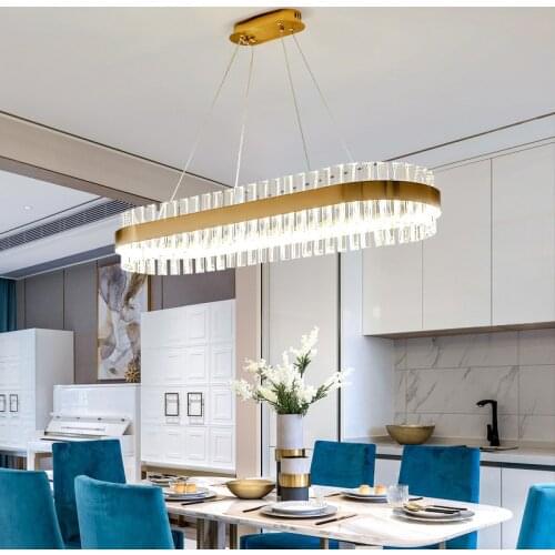 Luxury Plated Gold Steel Lustre K9 Crystal Led Pendant Lights E14 Luminarias Dining Room Straight Pendant Lamp Lighting Fixtures