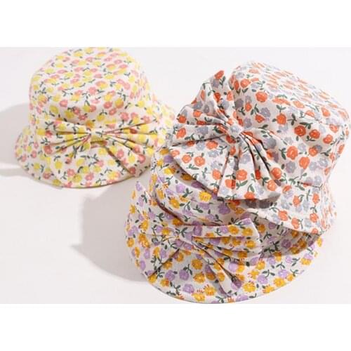 Fishing Hat Bows Neck Protection Cotton Soft Flower Printed Kids Sun Hat for Beach