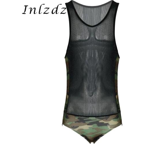 Sexy Bodysuit Mens Lingerie Shiny See-through Jumpsuit Stretchy Swimsuit Camouflage Print Patchwork Sleeveless Leotard Clubwear