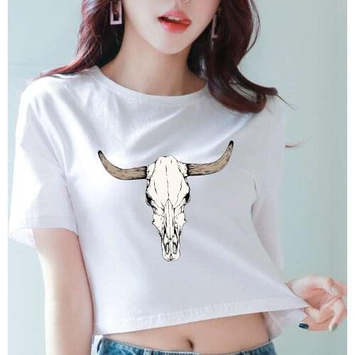 Harajuku Crop Top Short Sleeve T Shirt Women Purple Korean Fashion Style T-shirt Deer Skull Graphic Tees Gothic Hip Hop Tshirt