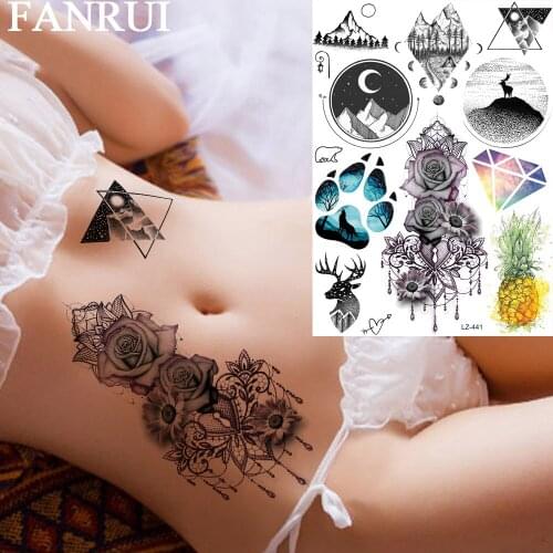 FANRUI Rose Forest Mountain Moon Round Diamond Temporary Tattoos For Women Sticker Custom Tattoo Triangle Fake Tatoos Body Art