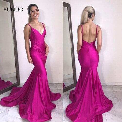 YUNUO Spaghetti Straps Evening Gowns 2021 vestidos de graduacion Backless Mermaid Long Prom Dresses Sleeveless Party Dress