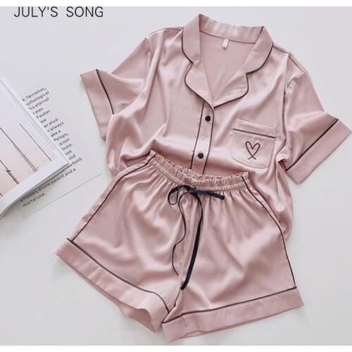 JULYS SONG Summer Faux Silk Women Pajamas Heart Embroidery Solid Pink Pajamas Sleepwear Casual Nightwear Soft Satin Homewear