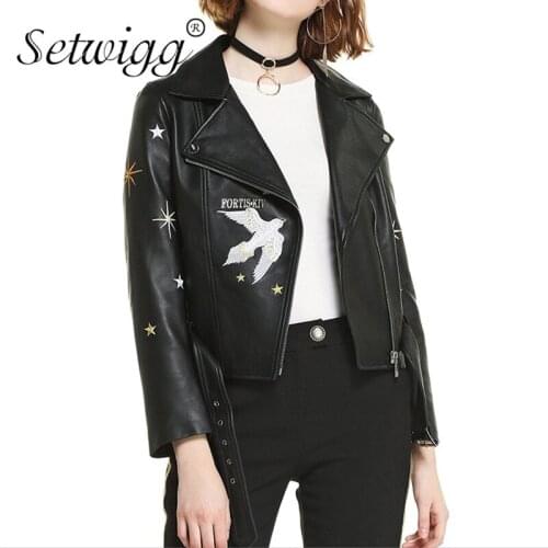 Autumn Embroidery PU Leather Black Jacket Coat Women Bird Stars Embroidered Slim Faux Leather Motorcycle Jacket Belt Outerwear