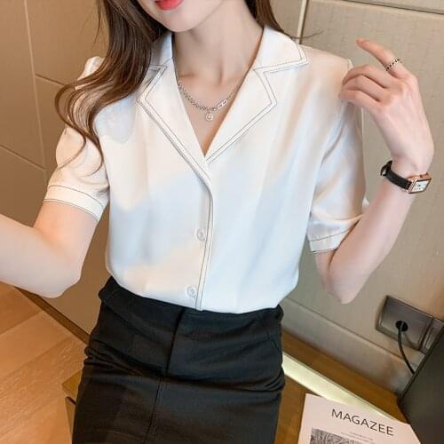 White Chiffon Shirt Womens Short Sleeve 2021 Summer New Korean Style Professional Suit Collar Shirt Design Sense Niche Top