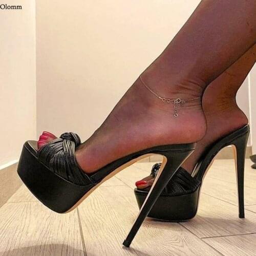 Olomm Handmade Women Platform Summer Mules Sandals Stiletto High Heels Open Toe Black Dress Party Shoes Women US Plus Size 5-20