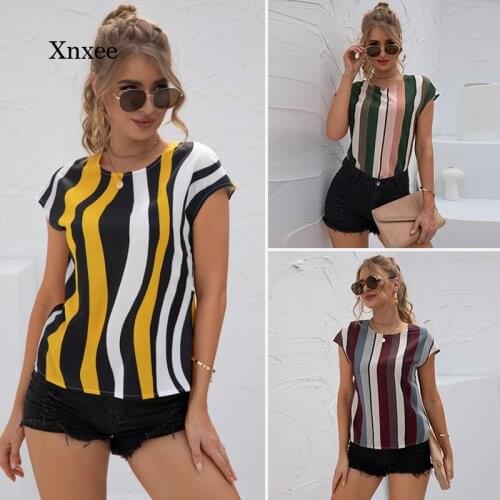 2021 Summer Shirts for Women New Fashion O Neck Short Sleeve Tops Splice Hollow Vest Casual Ladies Irregular Stripe Backless Tee