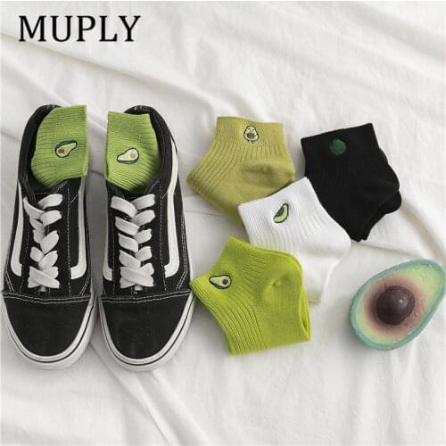 Women Solid Avocado Embroidery Socks Casual Joker Cotton Short Socks For Ladies Concise College Style Breate College Style Socks