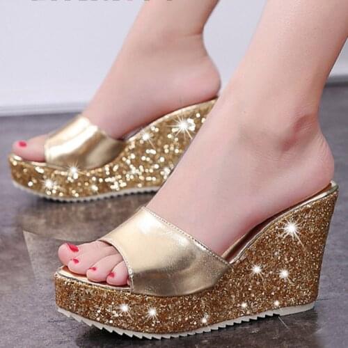 Women Wedges slides slipper Sandals Platform Peep Toe High Heeled Shoes Pumps Beach Sandals silver
