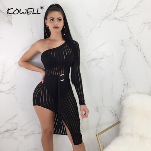 Hot sale one shoulder sexy irregular midi dress Women winter hollow out bocycon dress Elegant long sleeve belt party club dress