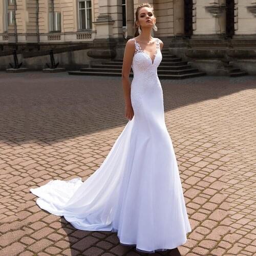 Sexy White Mermaid Soft Satin Wedding Dress Lace Applique Sheer Back Bride Dresses Scoop Vintage 2021 Bridal Dresses Long Train