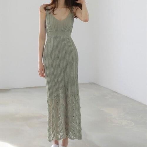 2020 Summer Knitted Women Dress Fashion Hollow Out Sweater Knitted Dress Sleeveless Casual Midi Long Knitted Elastic Dresses
