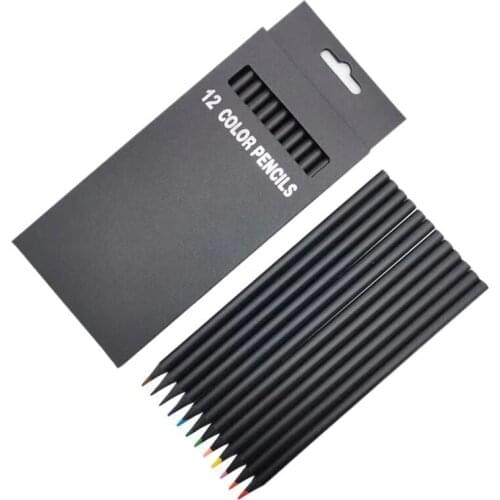 12 Color Black Wood Colored Pencils Sketch Set Personalized Carved Wood Colored Lead Carton Packaging High-end Gift