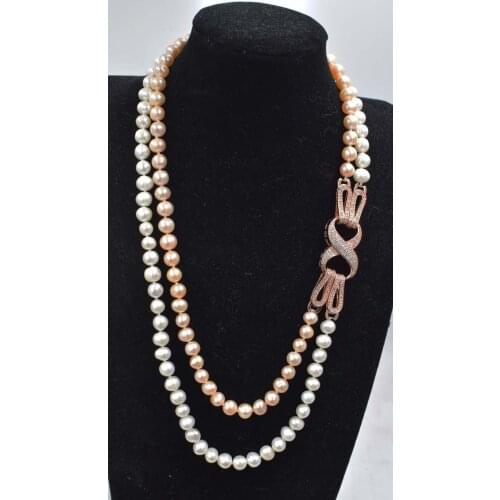 2rows freshwater pearl pink/white near shape 8-9mm necklace 20-24inch FPPJ wholesale beads nature