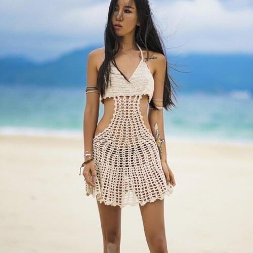 Women Bikini Crochet Sexy Red black Openwork Cover Ups Knit Backless Halter Bathing Suit Swimsuit Swimwear Beach Dress